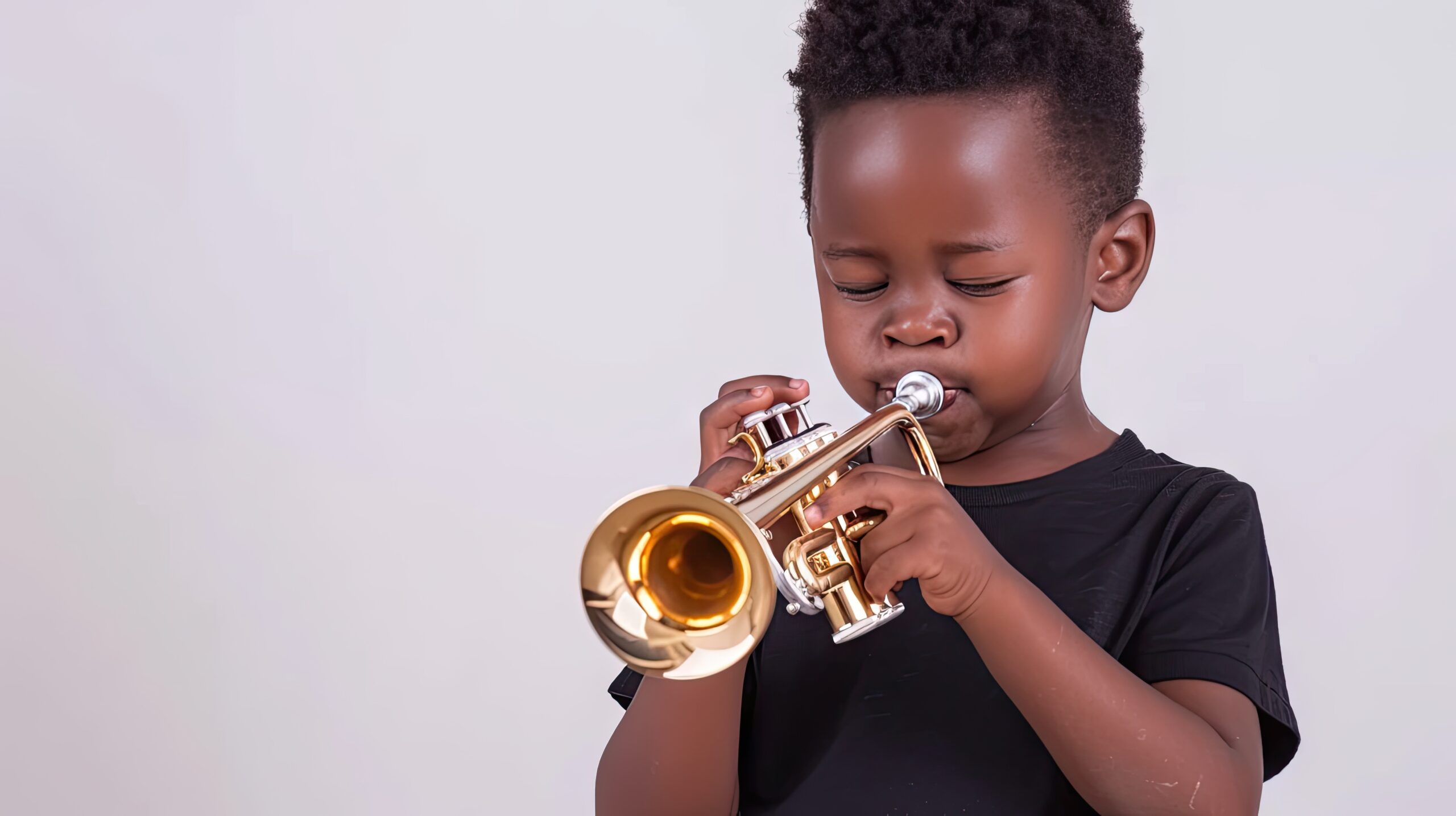 un jeune afro americain joue passionnement de la trompette mettant en valeur son talent musical sur un fond blanc propre scaled