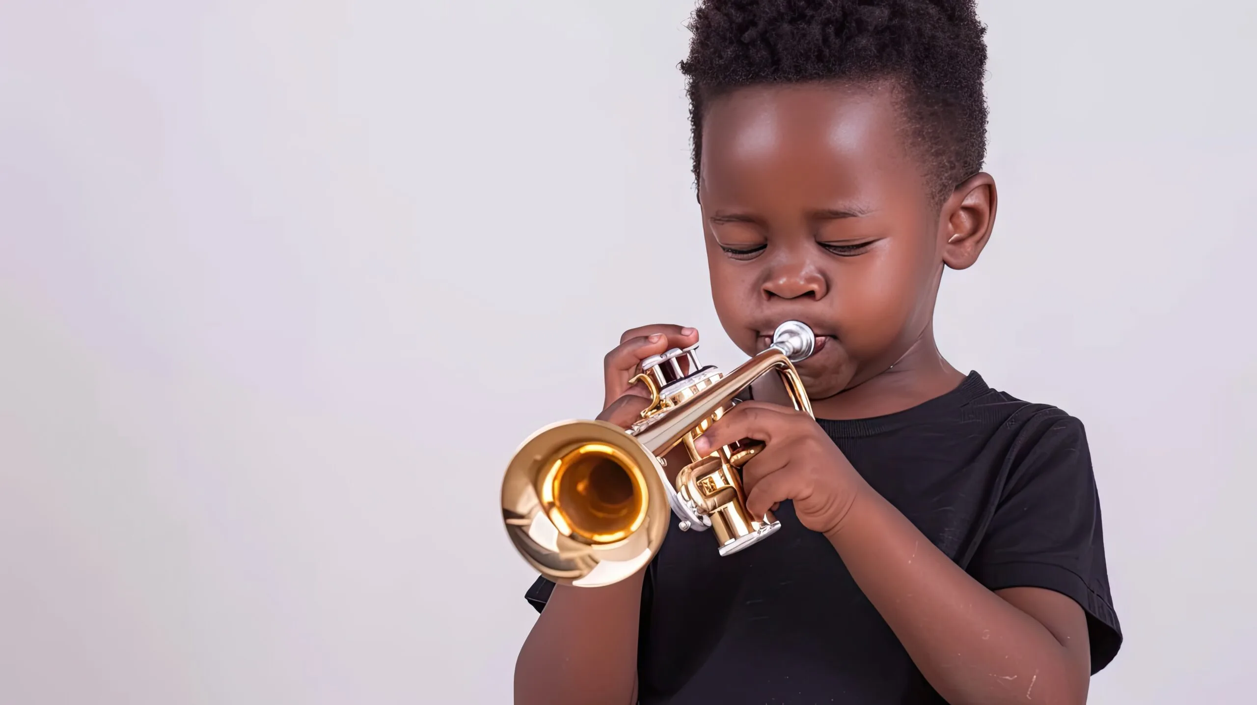 un jeune afro americain joue passionnement de la trompette mettant en valeur son talent musical sur un fond blanc propre scaled